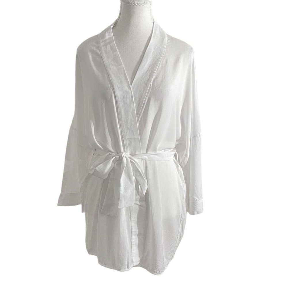 HANRO WHITE WRAP SURPLICE BELTED TUNIC KIMONO ROBE - XS